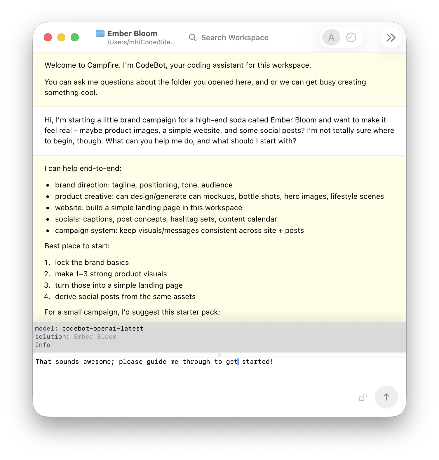 Campfire folder workspace with CodeBot chat