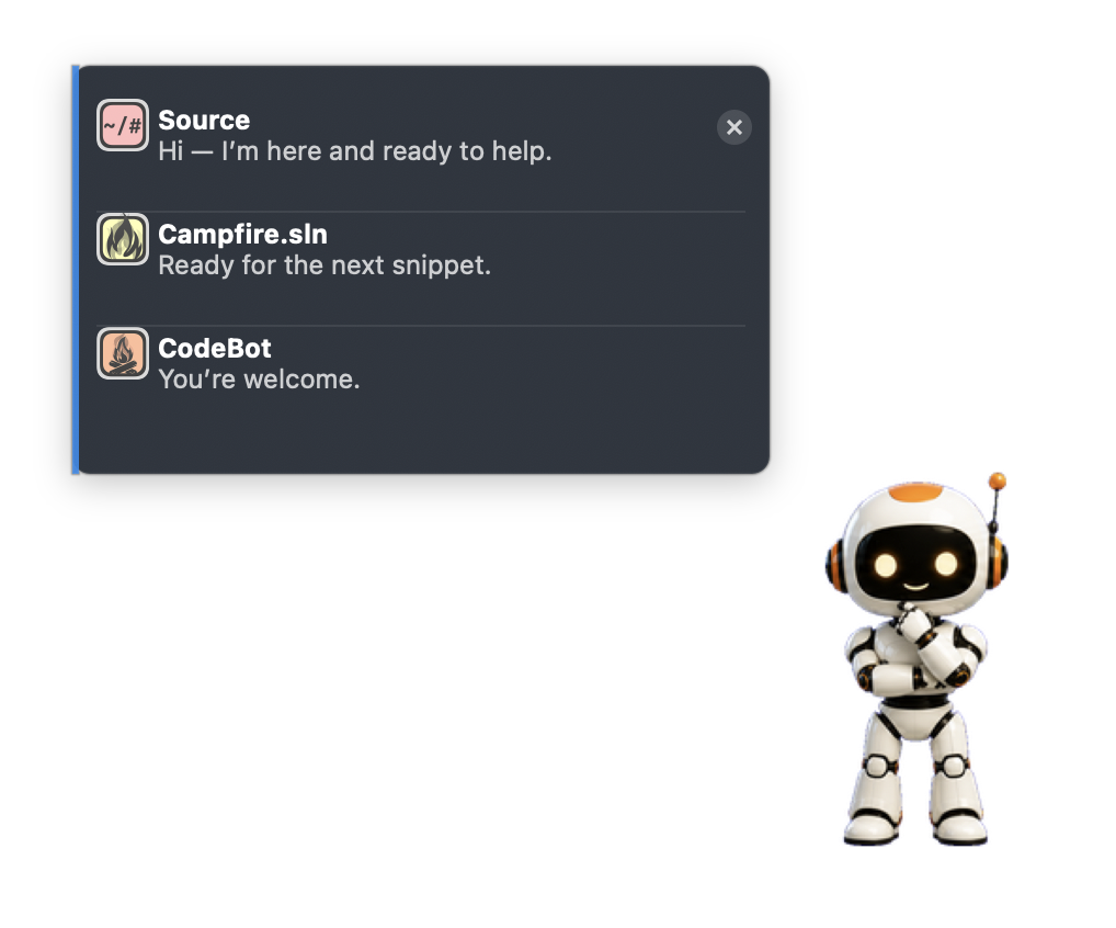 CodeBot Avatar showing status from Source, Campfire, and CodeBot