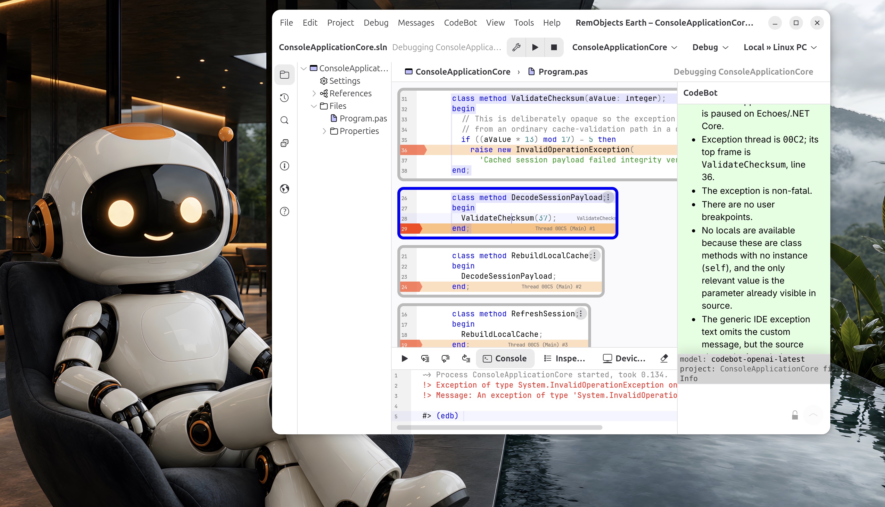 Earth running an Oxygene project with CodeBot open alongside the editor