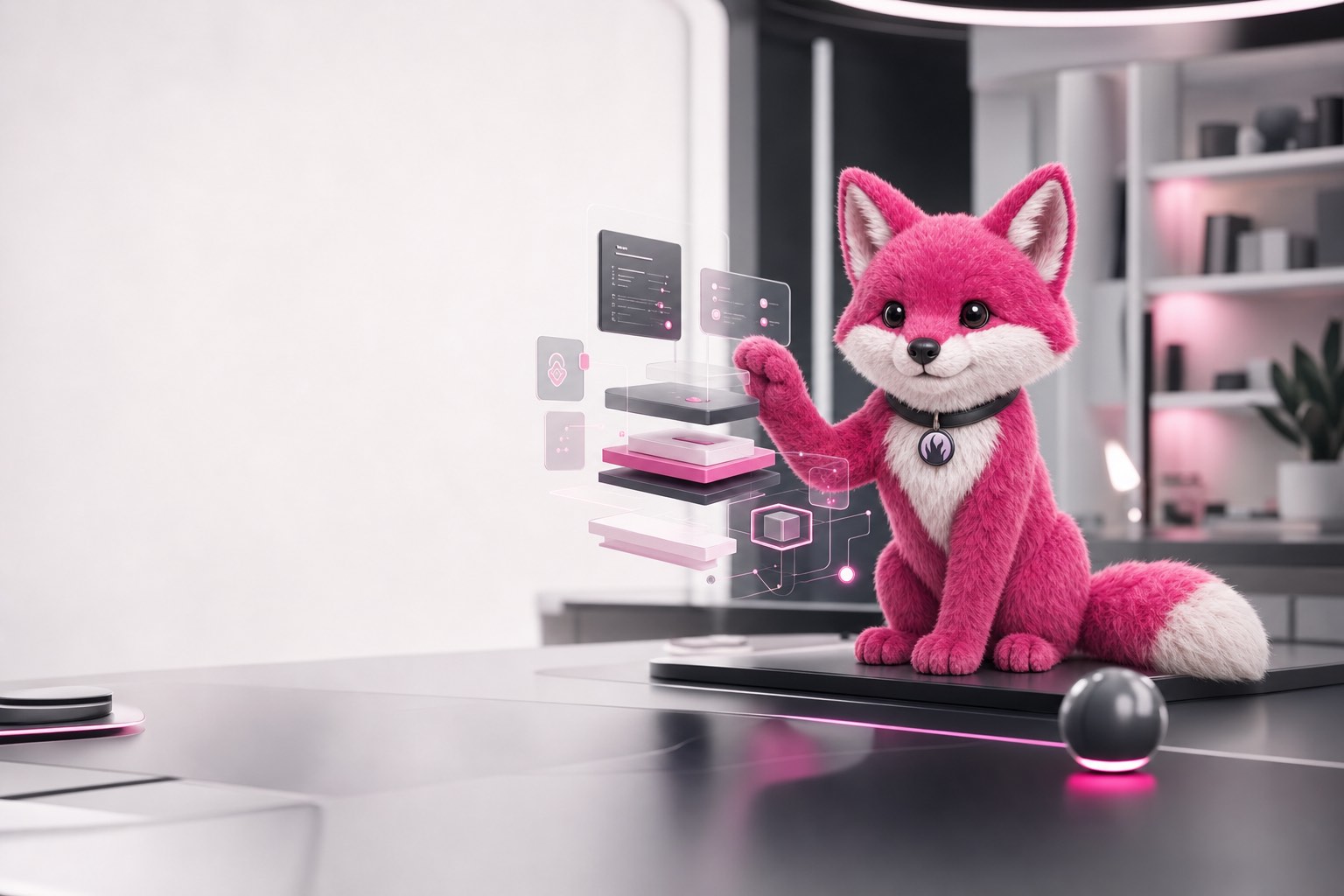 A pink fox interacting with layered Fuchsia application components